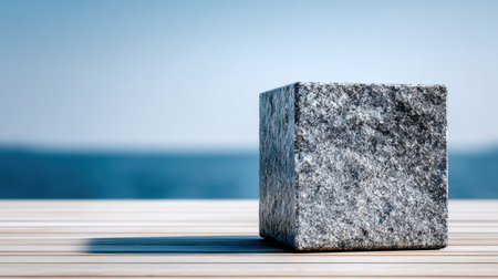 A rough stone pedestal sits on a wooden platform with a blurred ocean cliff behind it under bright daylight.の素材