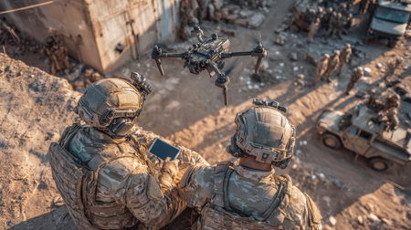 Soldiers monitor activity drone while coordinating artillery and scouting enemy positions during a military operation.の素材