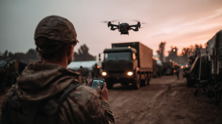 Soldier engineer operates a drone to send aerial images to artillery units during military operations at a mobile base as night falls.の素材