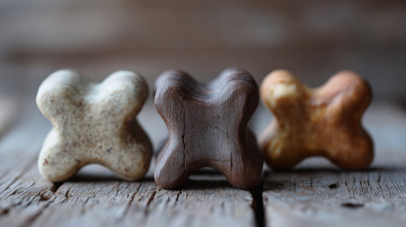 Dog treats made from organic ingredients are arranged on a rustic wood table with a blurry farmhouse background creating a cozy setting.の素材