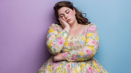 Model stands with a thoughtful expression, conveying issues with finding suitable clothing options in a bright setting.の素材