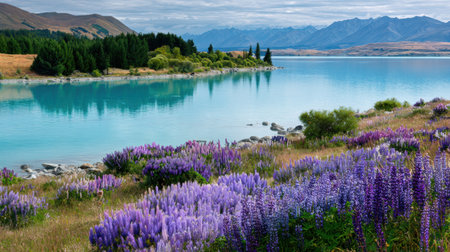 Visitors enjoy the stunning views of Lake Tekapos turquoise waters surrounded by vibrant lupine flowers on a clear day.の素材