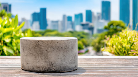 Textured concrete pedestal stands on a wooden surface with a blurred city skyline and greenery in the background during daylight.の素材