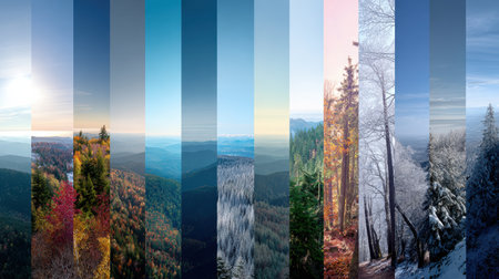 View of a valley highlighting seasonal changes from spring through autumn to winter, displaying a gradient of colors and nature.の素材