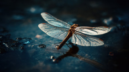 A dragonfly flies just above the water, reflecting its image in the surface. This moment shows a symbol of transformation in Japanese culture.の素材