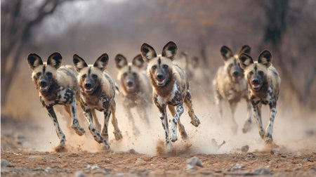 A group of african wild dogs runs swiftly across the savanna, showcasing their unity and strength as they participate in tribal storytelling activityの素材