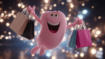 Cartoon character with a smile holds colorful shopping bags while celebrating a joyful shopping experience amid bright lights and excitementの素材