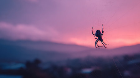 A spider is weaving its web during dawn in Africa, showing a moment of creativity linked to destiny in local mythology.の素材