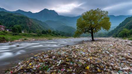 Plastic waste is scattered on the banks of a mountain river with a lone tree in the background under an overcast sky and hills.の素材