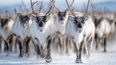 Reindeer are seen moving together across the snow-covered arctic tundra representing sami culture and their connection to nature in a cold landscapeの素材