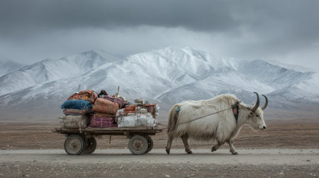 A yak walks along a path with a cart heavy with goods. The snowy mountains form a backdrop. This scene shows support for pilgrimage in Tibet.の素材