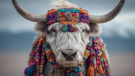A yak stands on the Tibetan plateau wearing colorful decorations, symbolizing strength as the sun shines in the background.の素材