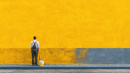 Male painter stands in front of bright yellow wall while cleaning his paint roller after completing his job for the day.の素材