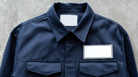 The navy blue work uniform features a blank name badge on the chest pocket, designed for service or industrial roles in a professional environment.の素材