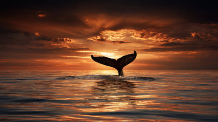 A whales tail emerges from the ocean at sunset, reflecting spiritual themes in Polynesian legends while the sun sets on the horizon.の素材