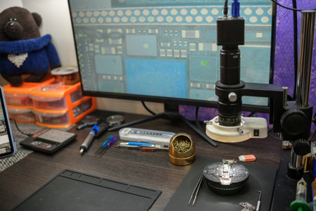 Tools for electronics repair sit on a desk with a monitor showing circuit board layouts and a...