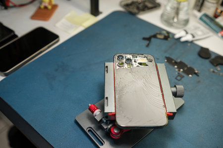 A smartphone is mounted on a repair stand while being worked on at a tech repair shop. Tools and...