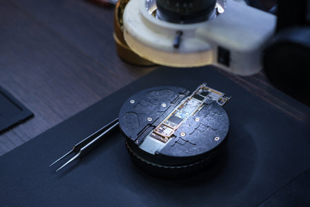 A technician inspects a circuit board and electronic parts under a microscope in a workshop while...