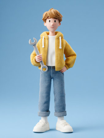 A technical support character stands with a wrench, smiling brightly against a plain backdrop. The character is casual and approachable.の素材