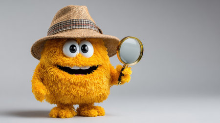 Mascot with a fluffy yellow body holds a magnifying glass while inspecting items in a quality control environment on a simple background.の素材