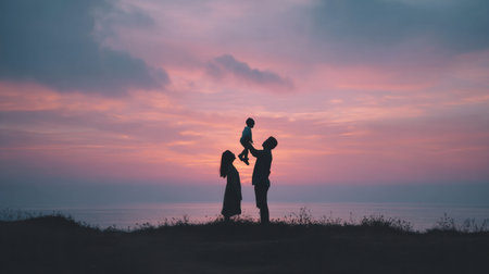Parents hold up their young child against the backdrop of the ocean at sunset. The sky is filled with soft colors and silhouettes are visible.の素材