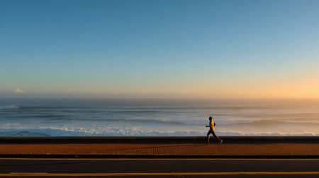 A runner moves along a coastal road during sunrise with an open ocean horizon and a clear sky above.の素材