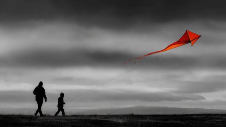 Two people fly kites on a spring day, enjoying the activity in an open area under a cloudy sky with ample space above, capturing a moment of fun.の素材