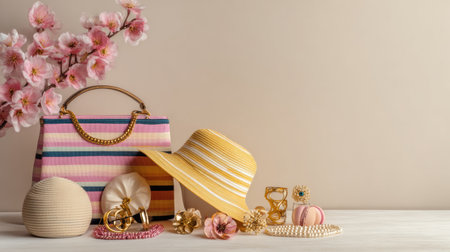 Spring fashion accessories are arranged neatly on a table with a neutral background, showing a purse, hat, and jewelry along with flowers.の素材