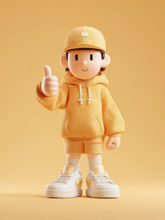 A character shows a thumbs up gesture while standing confidently in a minimal studio setting against a warm yellow backgroundの素材