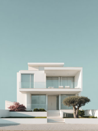 A white modern house features large windows and a clean design surrounded by greenery on a bright spring day. The sky is clear and blue.の素材
