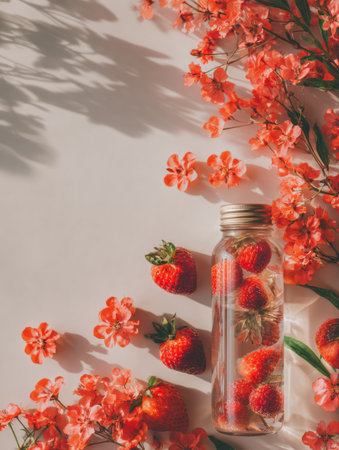Fruit-infused water is arranged alongside flowers on a light surface in a wellness setting, showing a focus on health and hydration.の素材