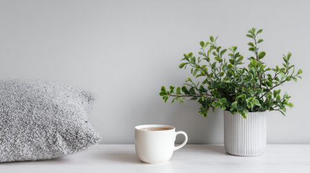 A soft pillow rests on the side table next to a cup of tea and a small plant against a blank wall creating a simple indoor space.の素材