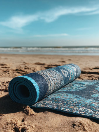 Yoga mat is laid out on sand at the beach with water nearby and a wide open sky above, showing a sunny day at the shore.の素材