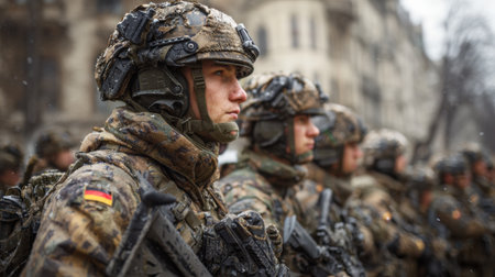 Soldiers march in formation, showcasing military readiness amid discussions on increasing defense budgets across Europe.の素材