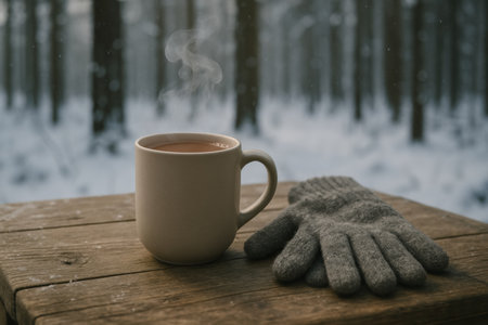 A warm cup of drink sits on a wooden table next to gray gloves in a snowy forest scene during winter. Soft snowfall surrounds the area.の素材