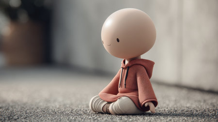 Mascot sits with legs crossed while breathing deeply in a blank environment with soft lighting during daytime hours.の素材