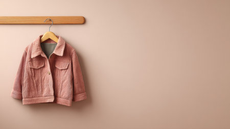 A light jacket is hanging on a wooden hanger against a pastel wall. The minimal setting highlights the focus on the clothing item.の素材