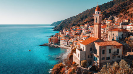 Spring scene of a coastal town with hillside houses beside blue water. The banner area is empty, and the sky is bright and clear.の素材