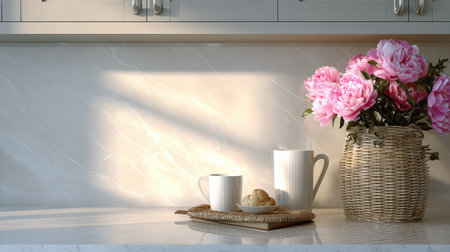 Morning sun shines on a kitchen counter featuring flowers, cups, and a serving tray in a bright spring scene.の素材