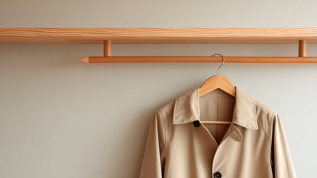 A light spring jacket is displayed on a wooden hanger against a plain pastel wall in a minimal interior setting. The scene highlights clean lines.の素材