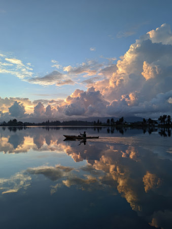 A person kayaks across a calm lake while the sun sets, creating reflections on the water and illuminating the sky with clouds.の素材