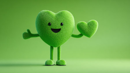 A joyful heart-shaped mascot offers a heart symbol on a bright green background, spreading comfort and support.の素材