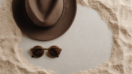 A flatlay shows a sun hat and sunglasses on soft sand, creating a beach scene ready for a warm sunny day and outdoor fun in the summer.の素材