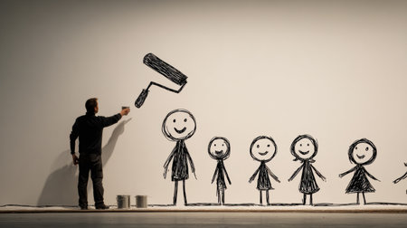 A man paints stick figure icons on a wall using a paint roller while standing next to buckets of paint. Several figures appear on the wall.の素材