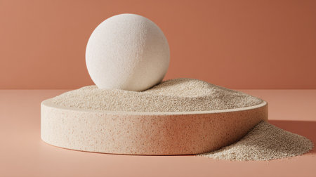 A product podium is placed on sand, featuring a round object on top. The setting has a pastel background and a simple design.の素材