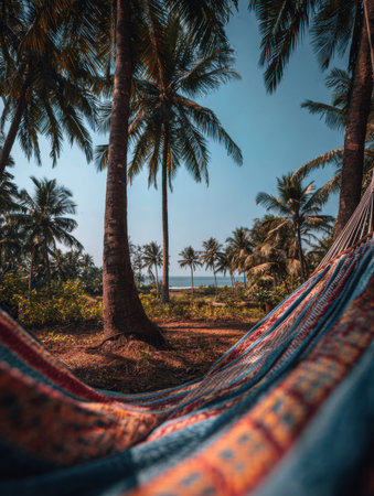 Hammock stretches between palm trees with blurred edges, open sky background, and beach view, inviting relaxation at a sunny outdoor location.の素材