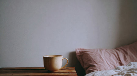 A side table holds a cup of tea next to a soft pillow and bed in a simple room with a blank wall in the background.の素材