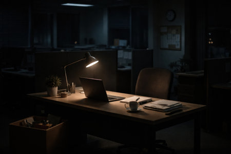 A desk in an office is lit by a lamp while a laptop and papers sit on the surface. The room is dark and quiet at night.の素材
