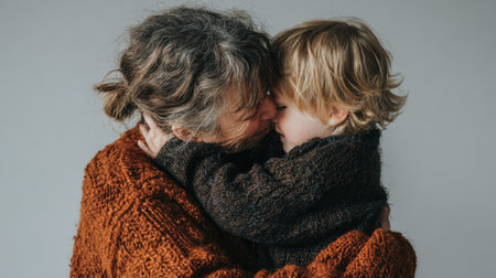 A grandmother shares a loving hug with her grandchild, creating a warm family moment that highlights their close relationship in a cozy settingの素材