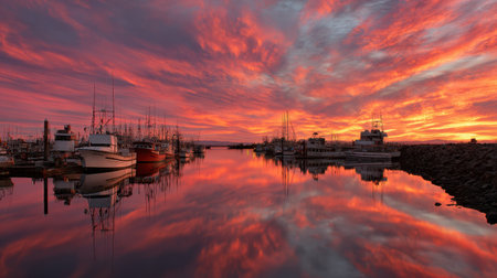 Sunset colors fill the sky as boats rest in the harbor, creating reflections on the water. The scene offers open space for additional text at the top.の素材